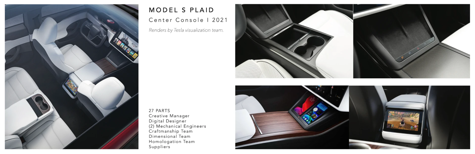 Model S Plaid center console collage showing full interior render, cupholder detail, rear display, and wood-trimmed storage assembly