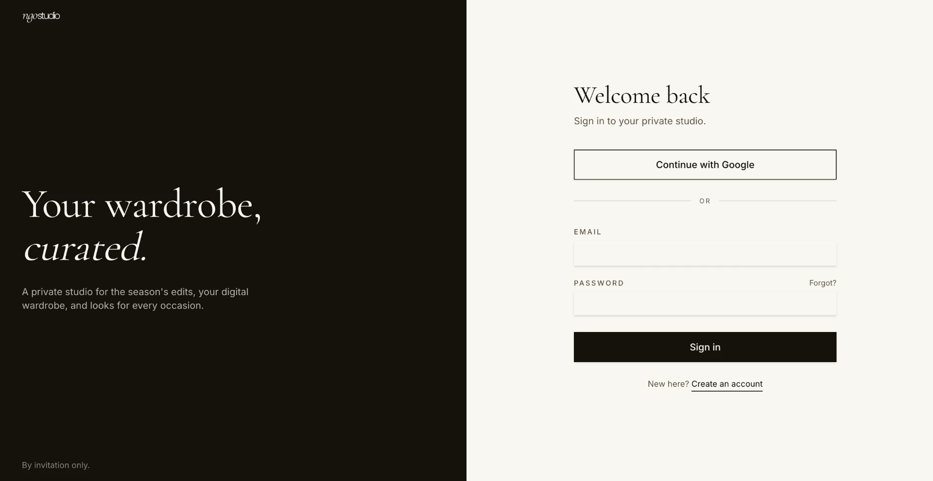 Curated Fashion App login screen with split dark and light panels
