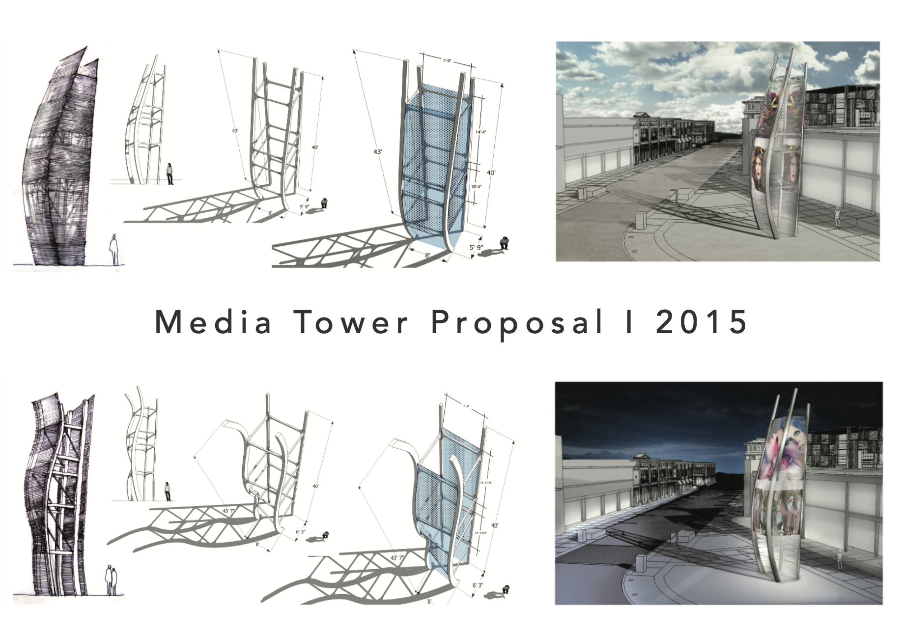 Media Tower Proposal collage with hand sketches, dimensioned structural studies and day and night plaza renders
