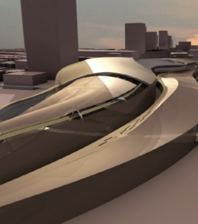 USC thesis model with sweeping white landscape forms at dusk