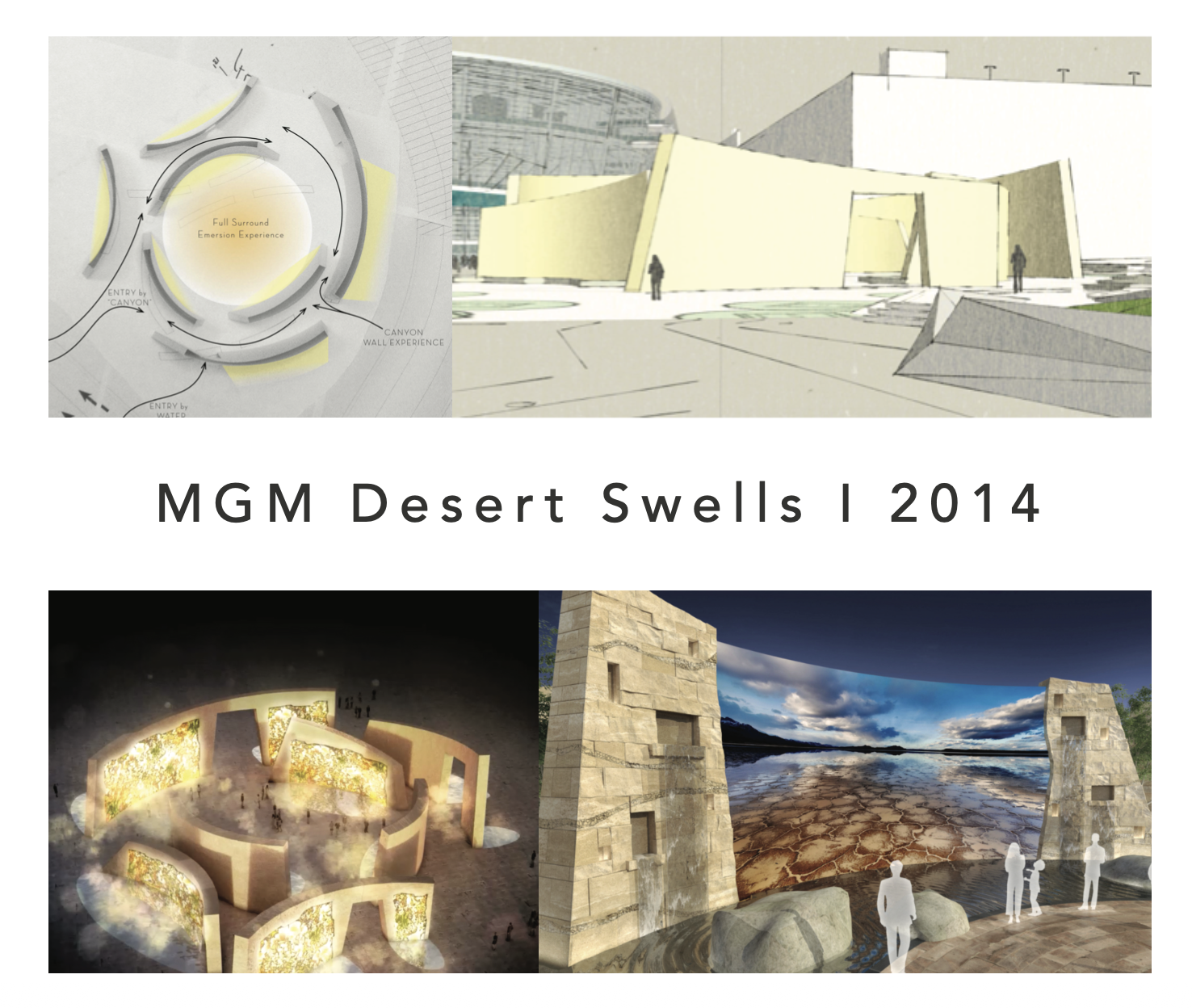 MGM Desert Swells concept collage showing a canyon-wall entry sequence, immersive interior render and stone tower overlooking water