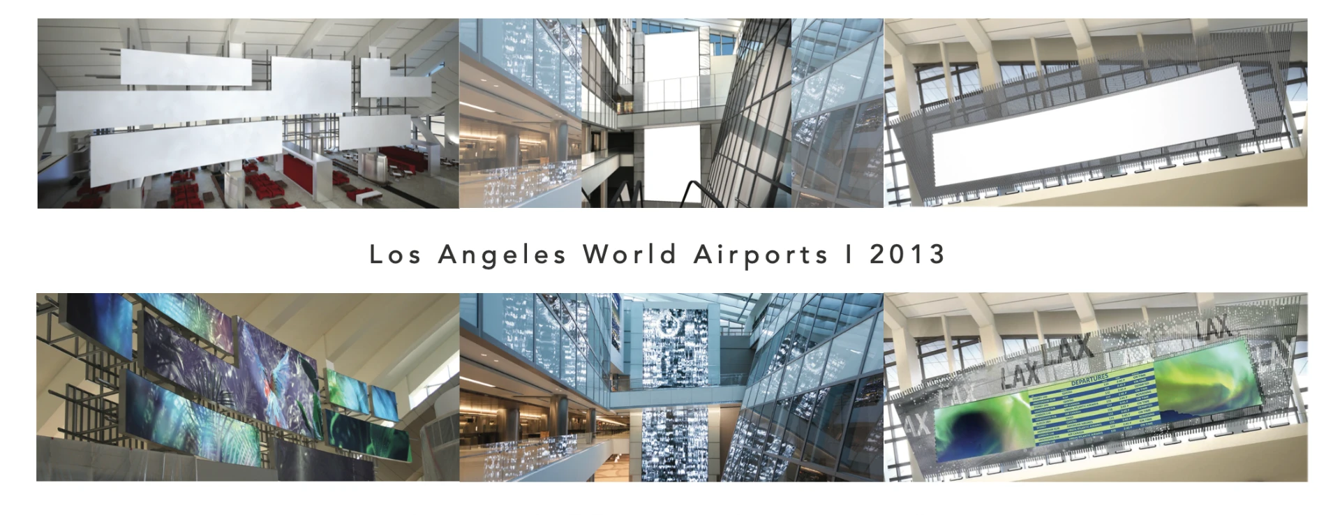 Collage of Tom Bradley Terminal interiors showing suspended and wall-mounted digital media installations