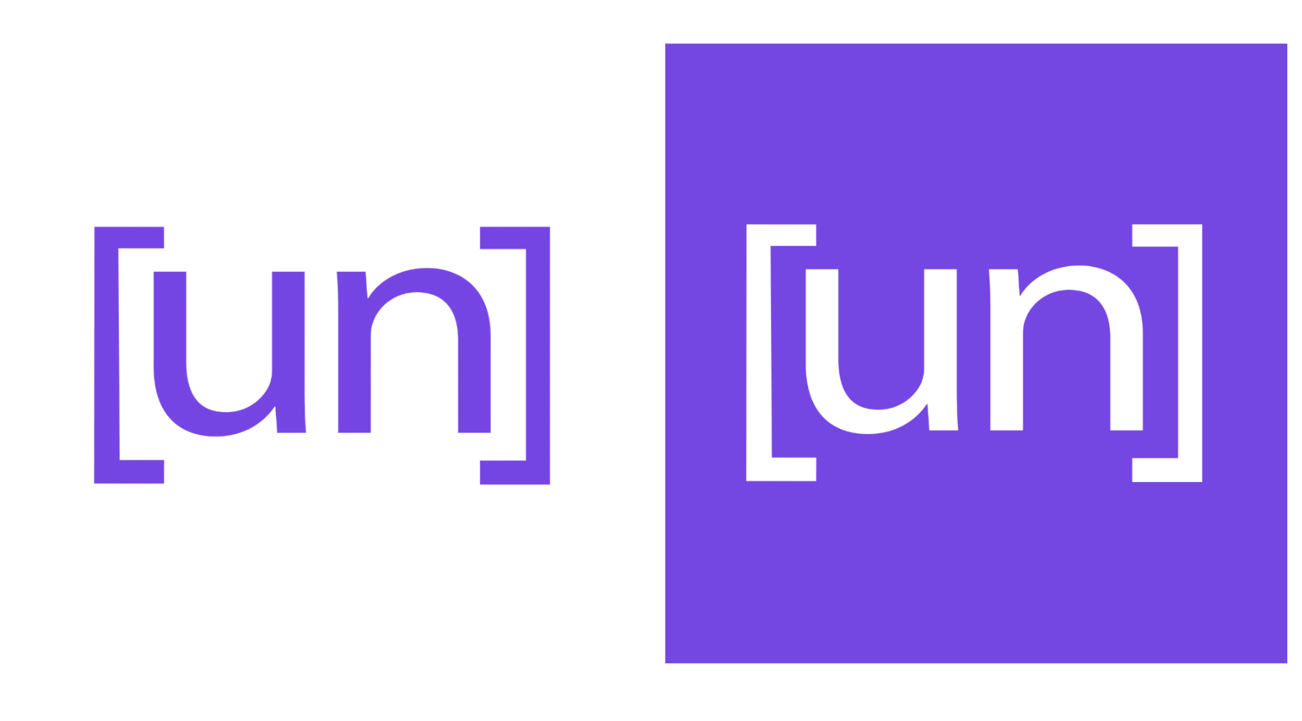 Unconventional AI logo pair showing purple [un] mark on white and white [un] mark on purple