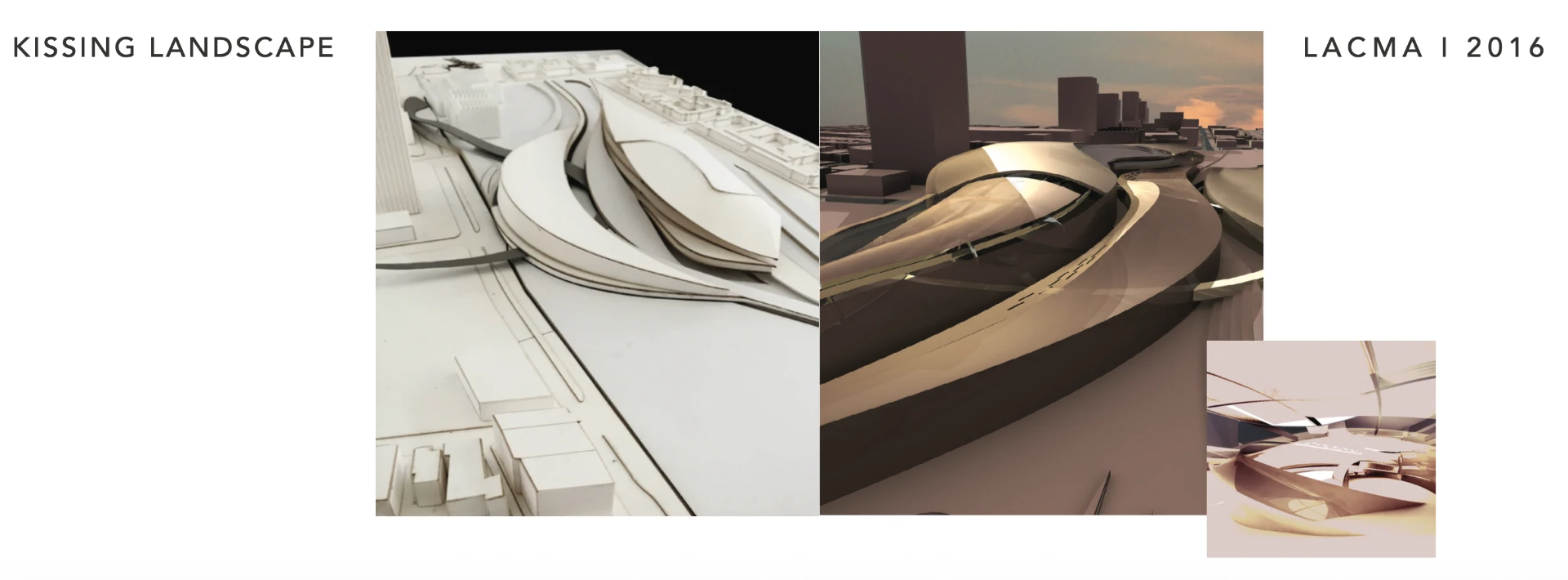 Kissing Landscape LACMA 2016 collage showing physical site model and atmospheric rendering of sweeping white landscape forms