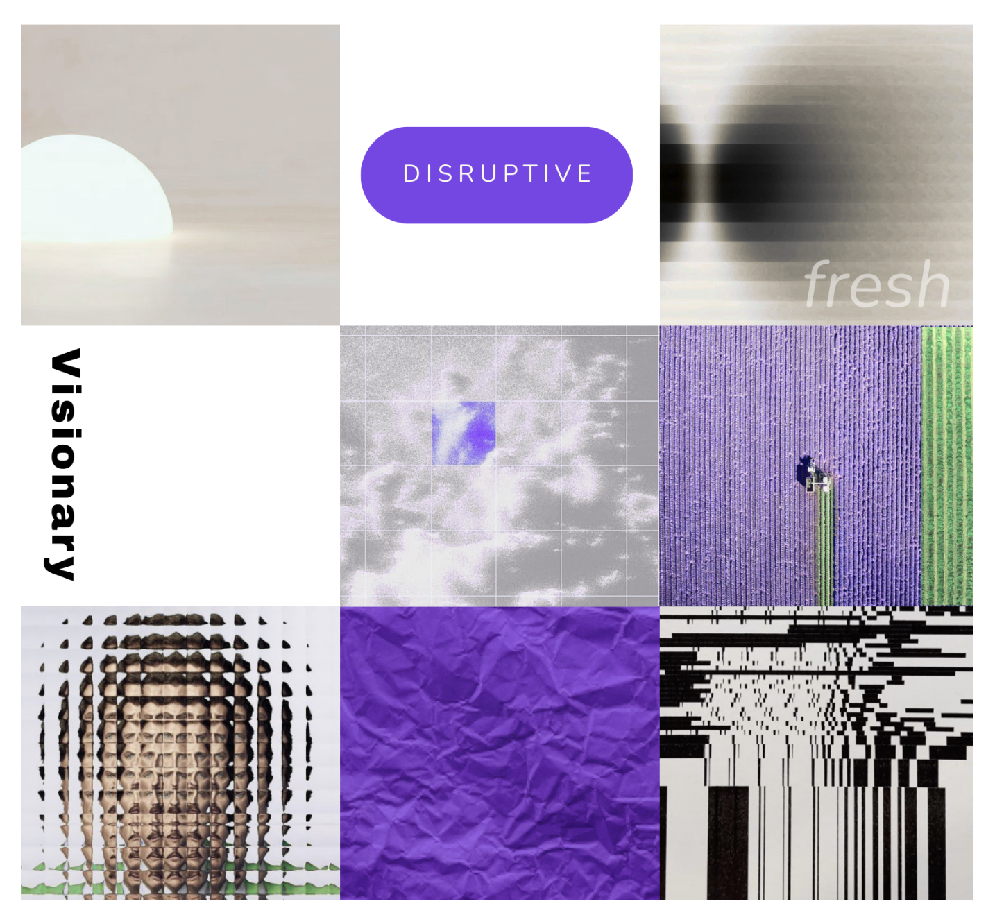 Unconventional AI brand identity mood board with a nine-panel grid of abstract textures, type and color studies