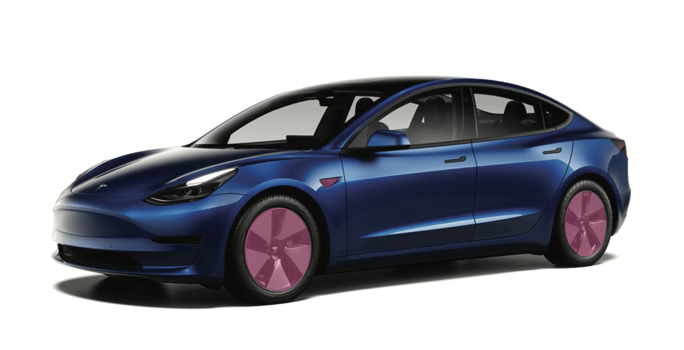 Tesla Model 3 in blue with pink aero wheels, side view