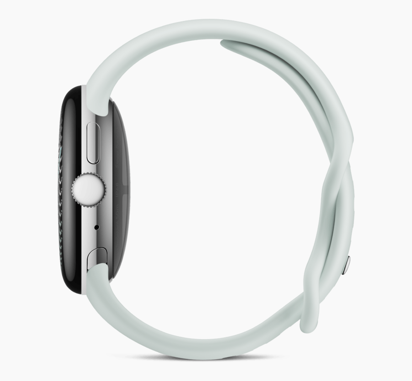 Side profile of a Pixel Watch with a mint sport band