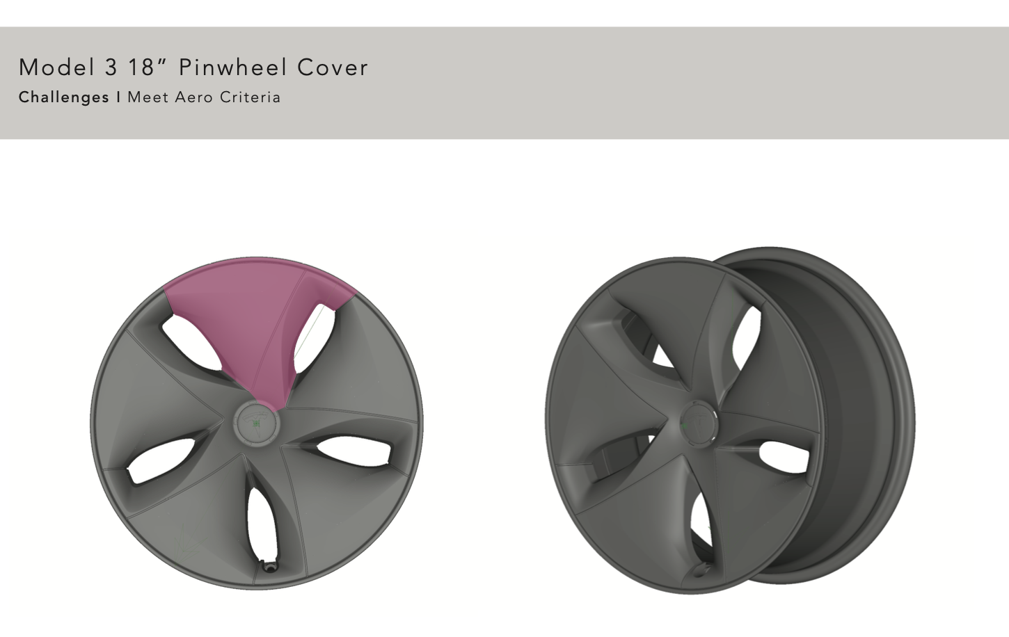 Model 3 18-inch pinwheel aero cover study showing highlighted aero segment and rear view