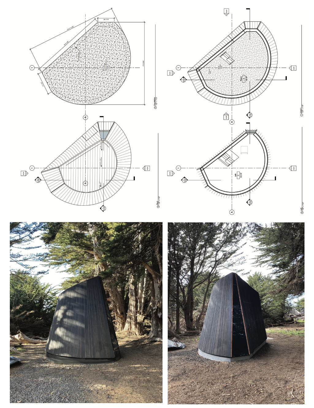 Architectural drawings and site photos of a compact teardrop-shaped pump house nestled among cypress trees