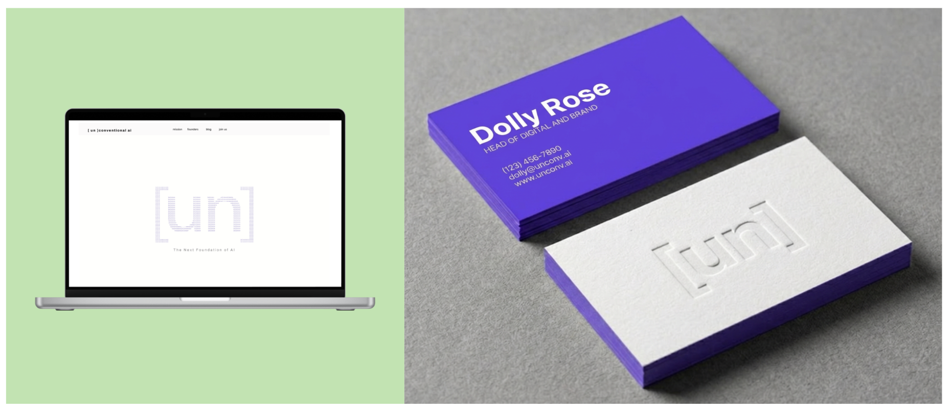 Unconventional AI brand application mockups showing website on laptop and embossed business cards