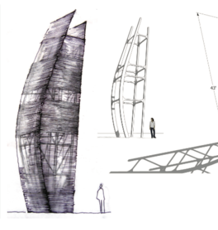 Hand sketch of a curved structural media tower with figure scale