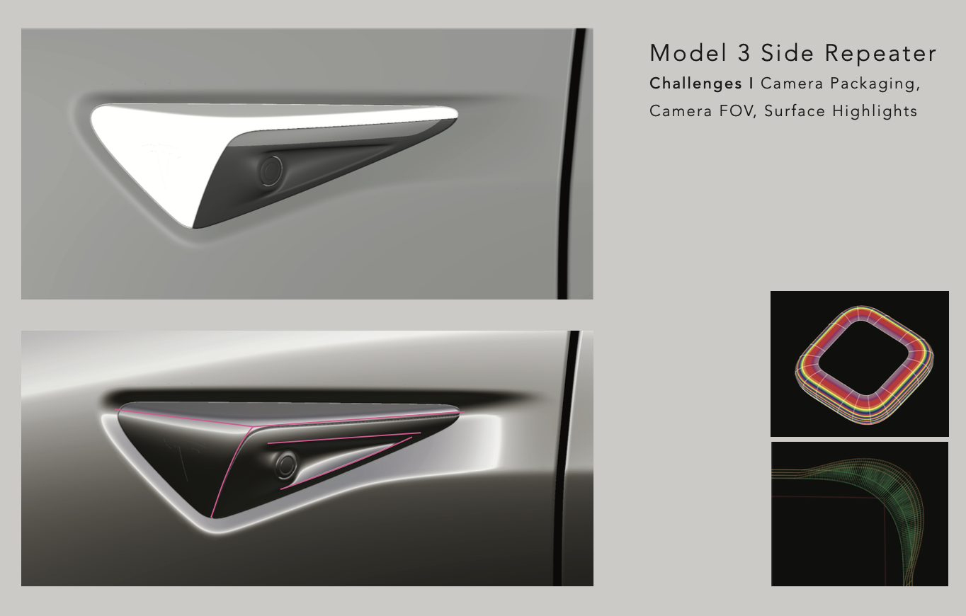 Model 3 side repeater design study with surface highlights and curvature analysis