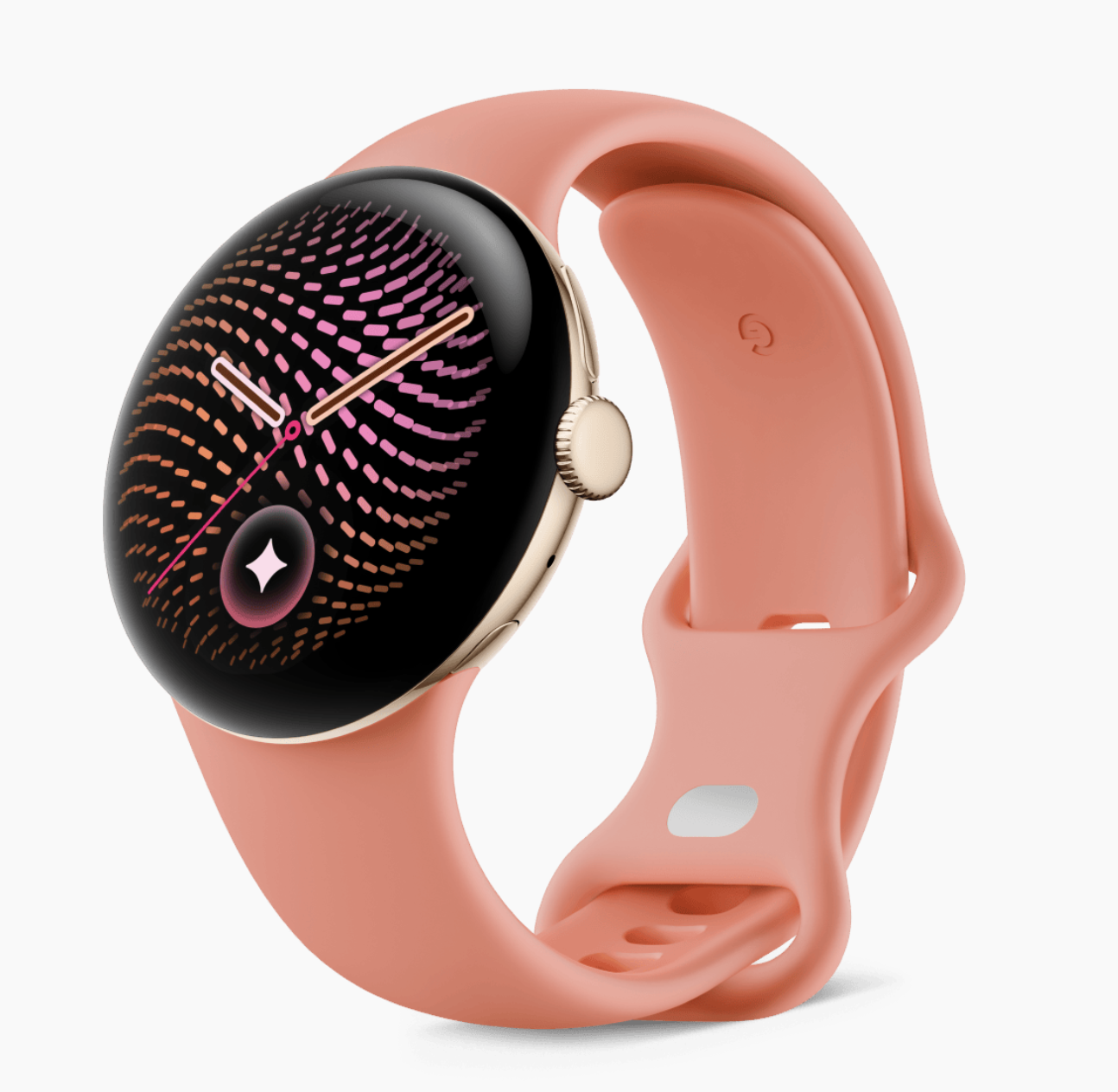 Pixel Watch with a coral sport band and patterned watch face