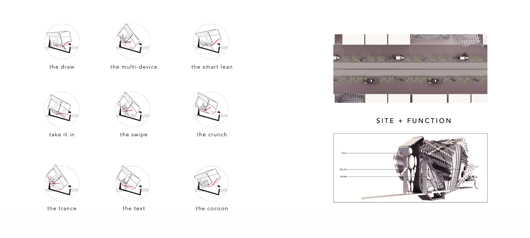 Breathing Space gesture taxonomy alongside site plan and structural section showing call, relax and work zones