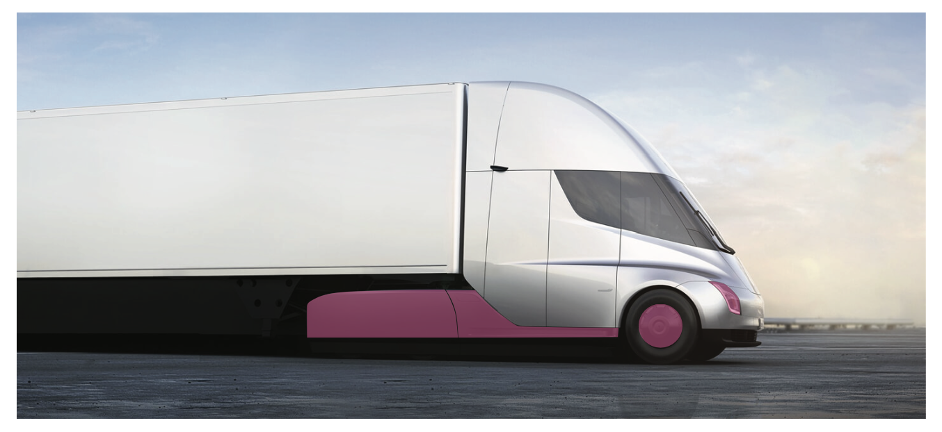 Tesla Semi side profile with magenta-highlighted side step and wheel surfaces