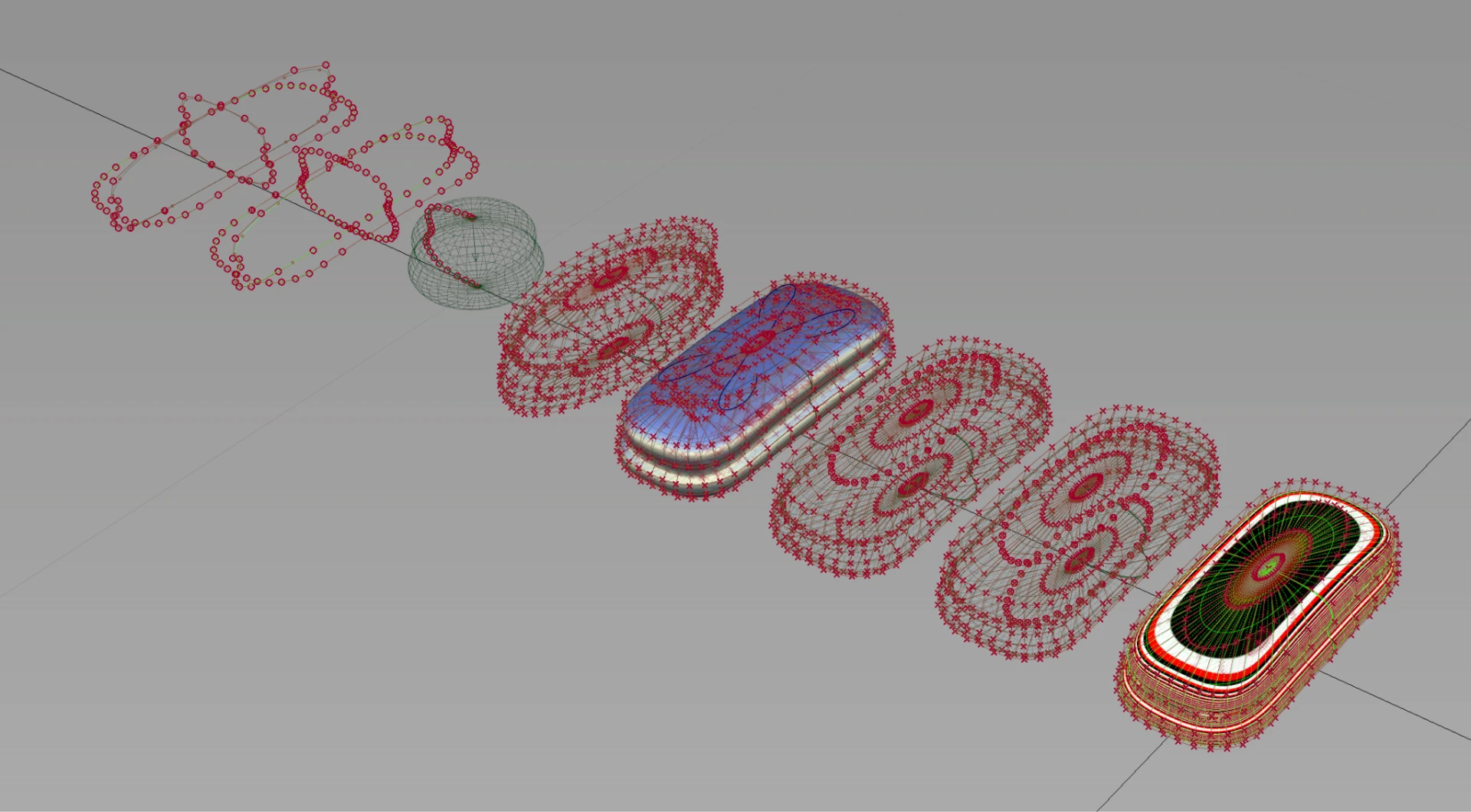 Digital sculpting construction study showing a pill-shaped product form with control points, wireframe surfaces and highlight analysis