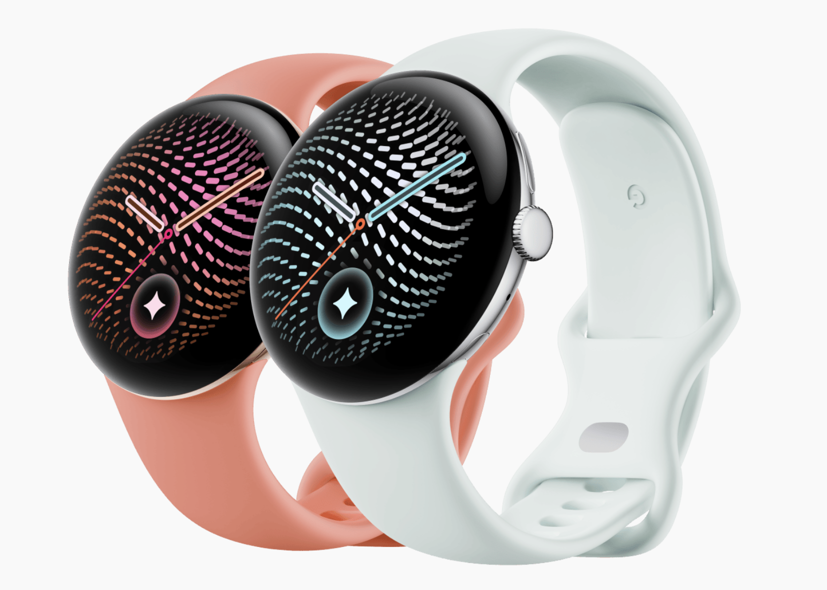 Two Pixel Watches with coral and mint sport bands showing patterned watch faces