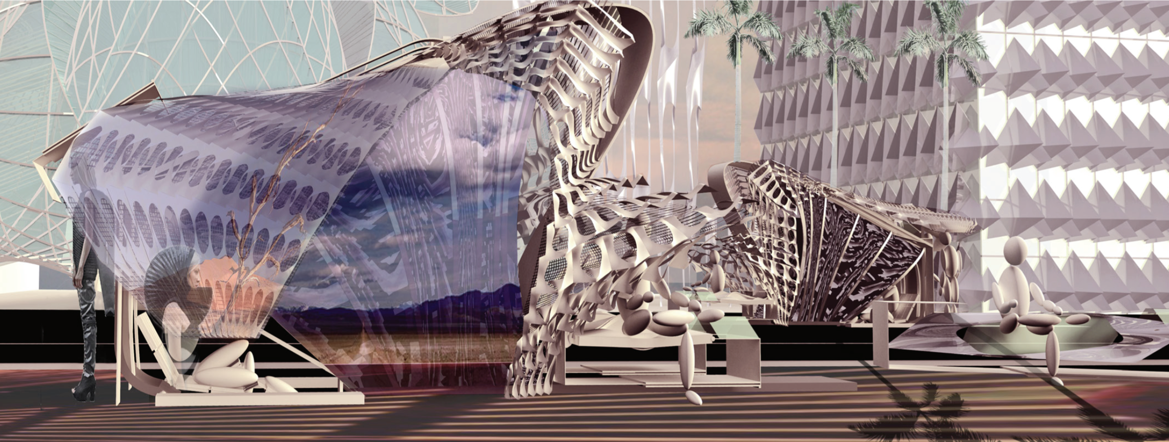 Rendering of a geometric pavilion structure among palm trees