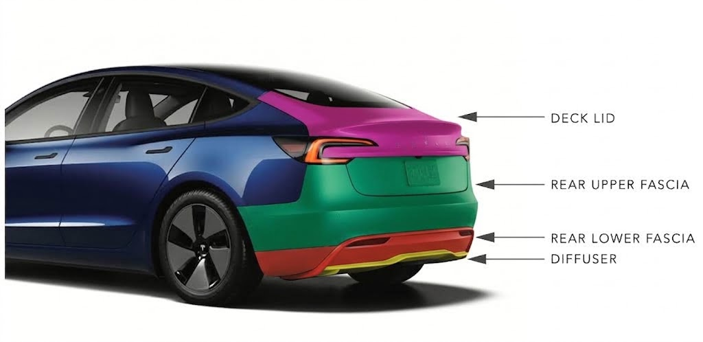 Model 3 Highland rear fascia diagram highlighting deck lid, rear upper fascia, rear lower fascia, and diffuser